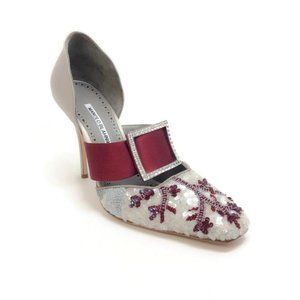 Manolo Blahnik Silver/Oxblood Vasliev Buckle Pumps